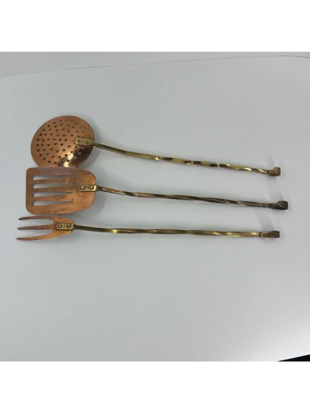 Vintage Copper Brass Kitchen Utensils Set of 3 Long Handle Spatula Fork Skimmer